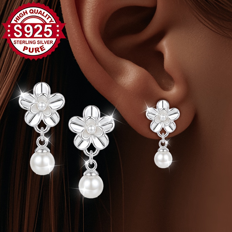 Women's 2pc S925 Silver Gardenia Flower Earrings with Pendant